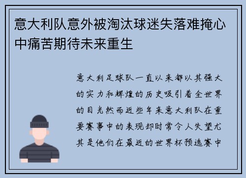 意大利队意外被淘汰球迷失落难掩心中痛苦期待未来重生