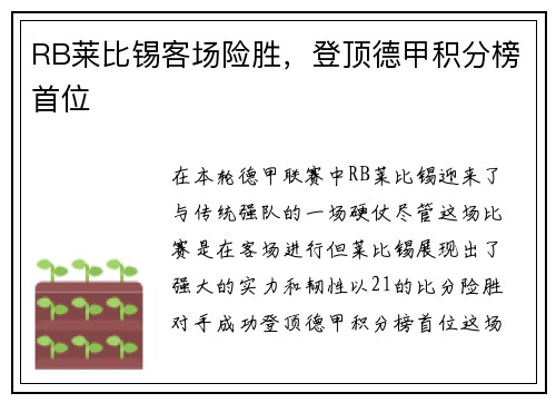 RB莱比锡客场险胜，登顶德甲积分榜首位