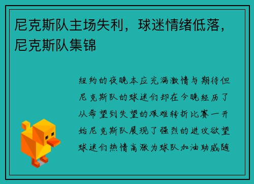 尼克斯队主场失利，球迷情绪低落，尼克斯队集锦