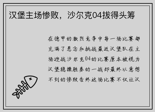 汉堡主场惨败，沙尔克04拔得头筹