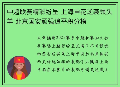 中超联赛精彩纷呈 上海申花逆袭领头羊 北京国安顽强追平积分榜